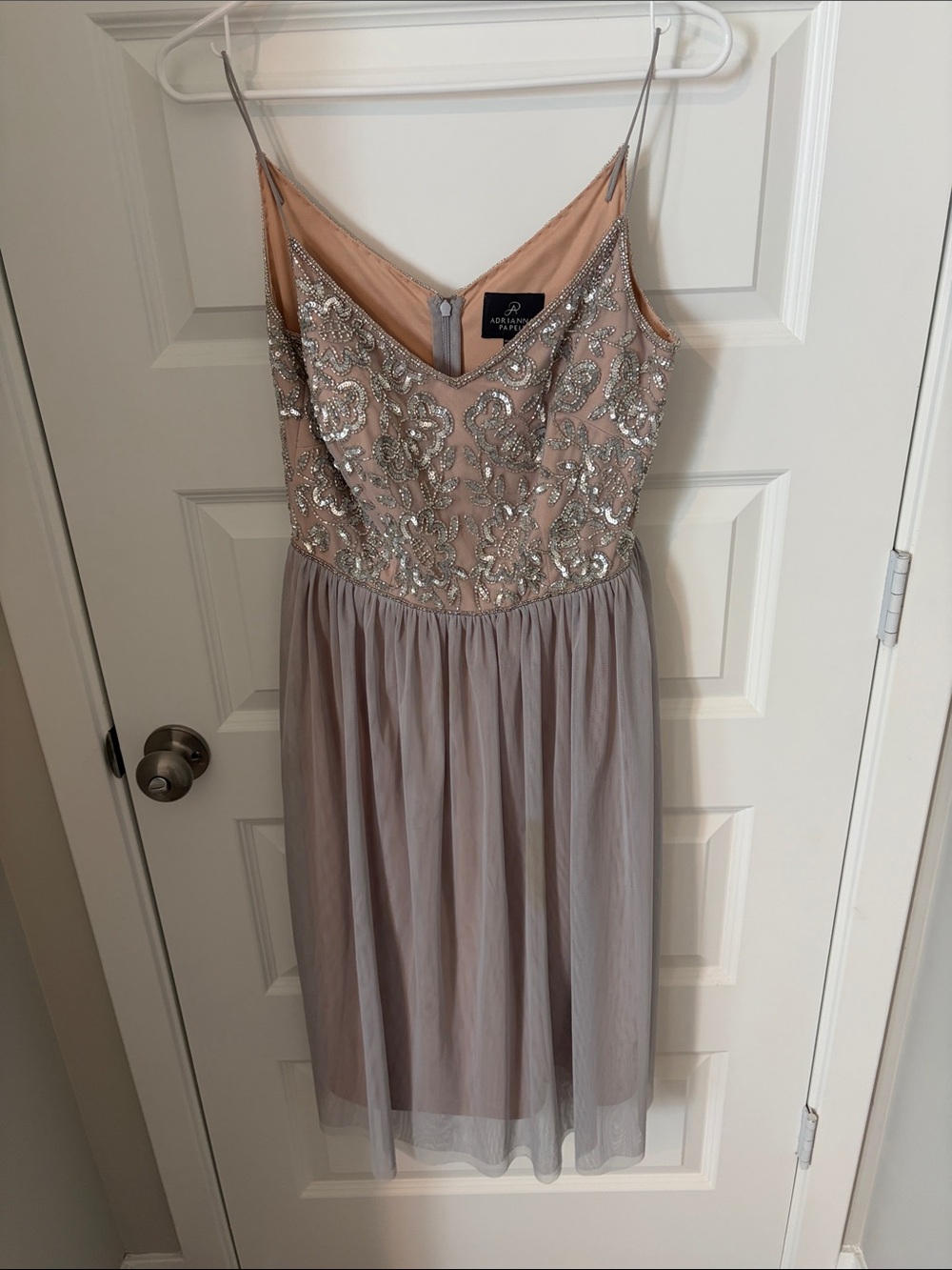 Adrianna Papell Beaded Spaghetti-Strap Cocktail Dress in Blush and Taupe